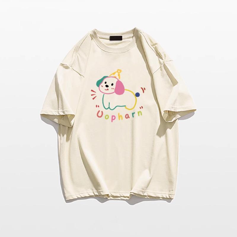 Summer New American Front Shoulder Niche Cartoon Puppy Design Sense Short Sleeve T-Shirt Women's Casual Age Reduction Versatile Top