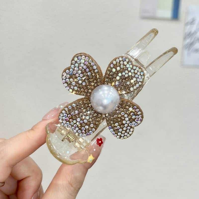 3Pcs Water Diamond Pearl Flower Ball Head Gripper Female Temperament High Ponytail Hair Clip with A Clip At The Back of The Head