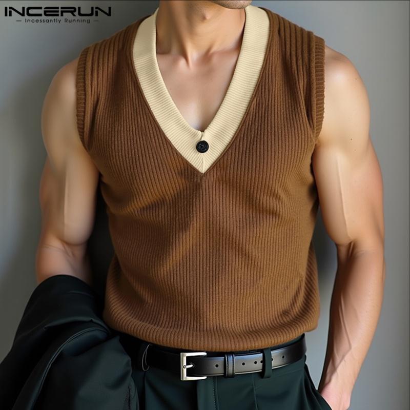 

INCERUN Men V Neck Sleeveless Stitching Patchwork Casual Rib Tank Tops S чорний
