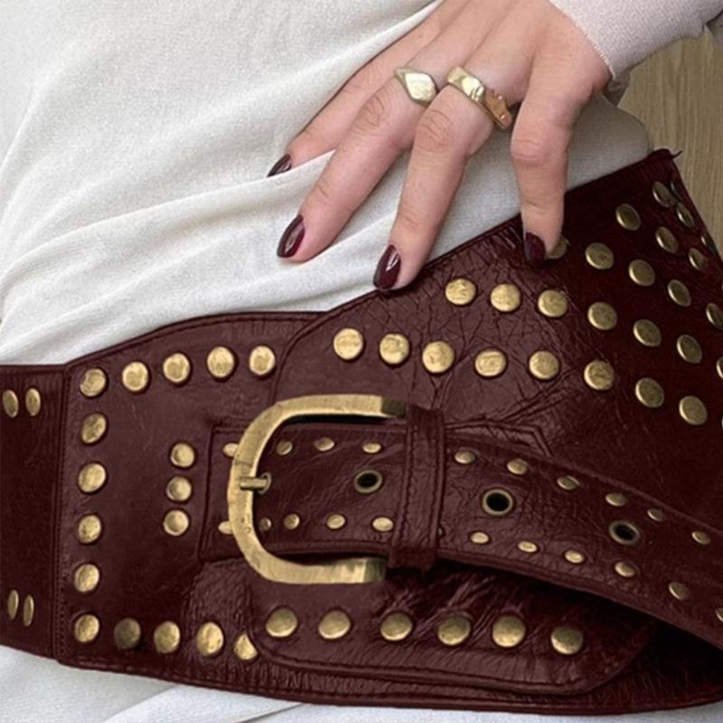 PU Leather Female Waist Belt with Irregular Buckle Rivets Decors PU Waist Belt Hollowed out Waistband for Coat Shirt