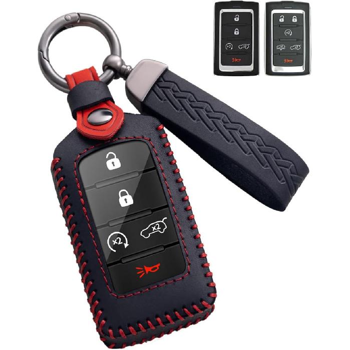 for Jeep Key Fob Cover Leather Car Key Case Protector keychain Smart Key Fob Holder Compatible for -2024 Jeep Grand Cherokee L Grand Wagoneer (Blue) чёрный