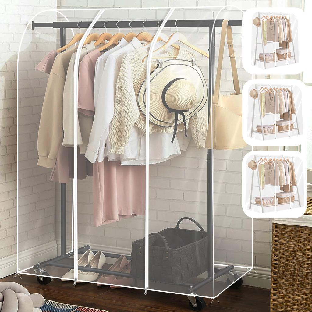 Clothing Dust Cover Garment Rack with Zipper Reusable Transparent Waterproof Dustproof PEVA Large Clothes Rail Cover Organizer