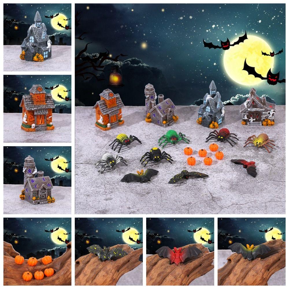 Resin Craft Halloween Spider Bat Figurines Miniatures Pumpkin Ornaments  Garden Outdoor Decor