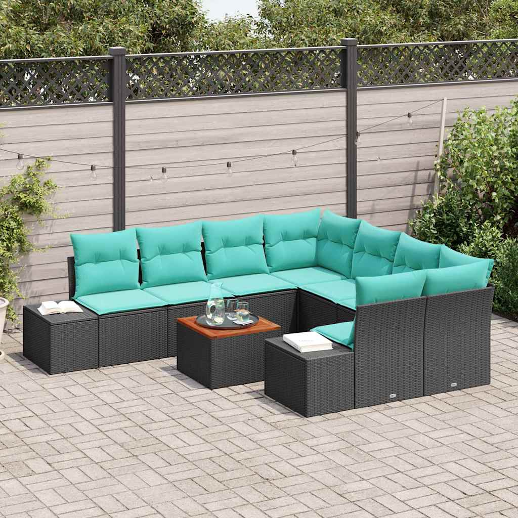 Garden Sofa Set 9 Pieces Black and Turquoise Poly Rattan