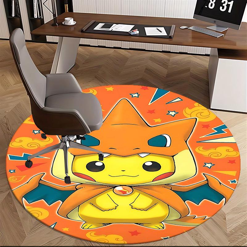 1pc Pikachu & Charmander Pokémon Anime Design Round Carpet - Office Chair Mat, Non-Slip Rug for Home Decor, Living Room, Bedroom, Game Room