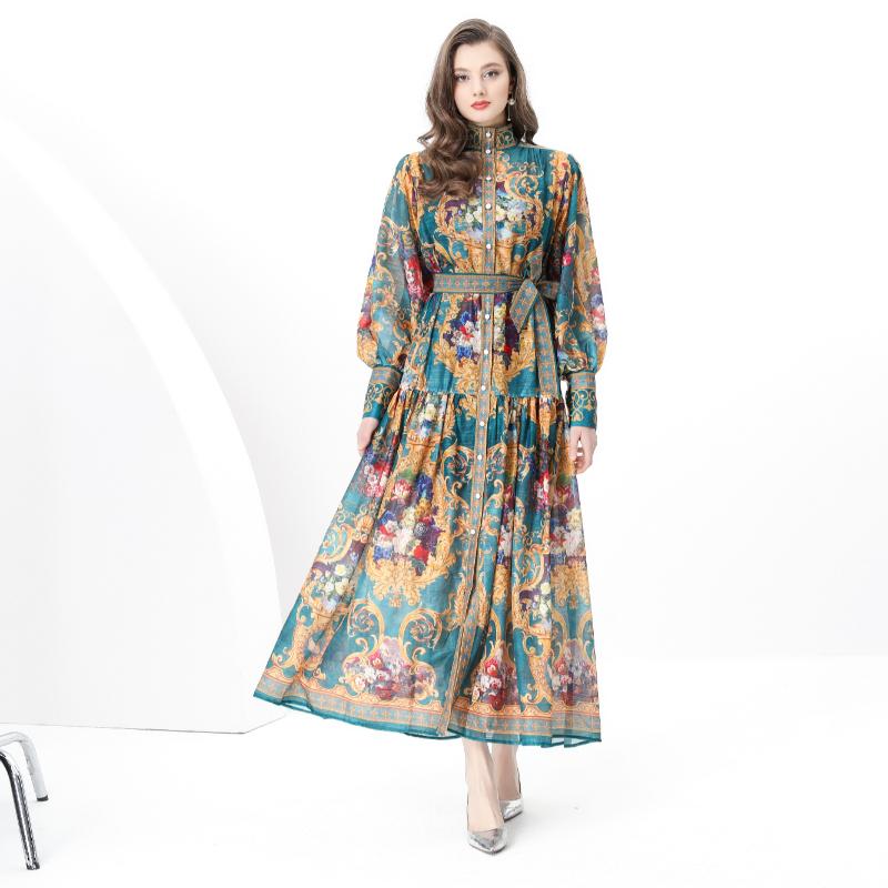 Wiosenne i letnie sukienki damskie w dużych rozmiarach, vintage, pałacowe, z nadrukiem, na wybiegu, długie, maxi, oversize, luźne, na wakacje, na plażę, sznurowane