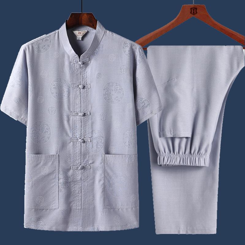 Men's Chinese-Style Summer Tang Suit: Short-Sleeve Linen Hanfu Robe for Middle-Aged and Elderly