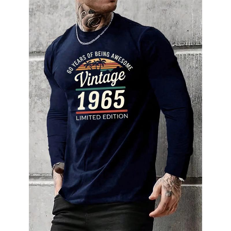 T-shirt da uomo a maniche lunghe con scollo rotondo, stampa pattern retrò 1965, vestibilità larga, comoda, casual, alla moda