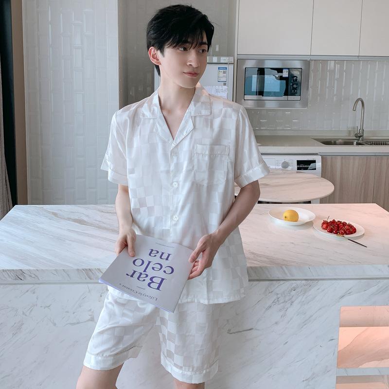 

HIgh Quality Pajamas Set Men Spring Autumn Simple Classic Ice Silk Sleepwear Male Two Piece Suit Youth Home Clothing Outdoor Boy M