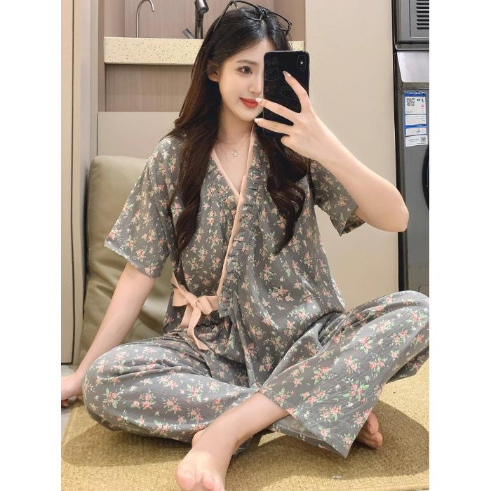 

Women s Summer Cloud Cotton Pajama Set: Kimono Cardigan, Short Sleeve, Long Pants, Chinese Style, Pure Cotton. Size 4 [XL, 2XL]