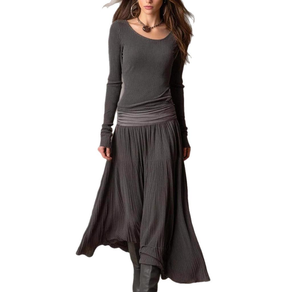Herbst Retro Geripptes Langes Kleid Langarm Rundhalsausschnitt A-Linien Rock