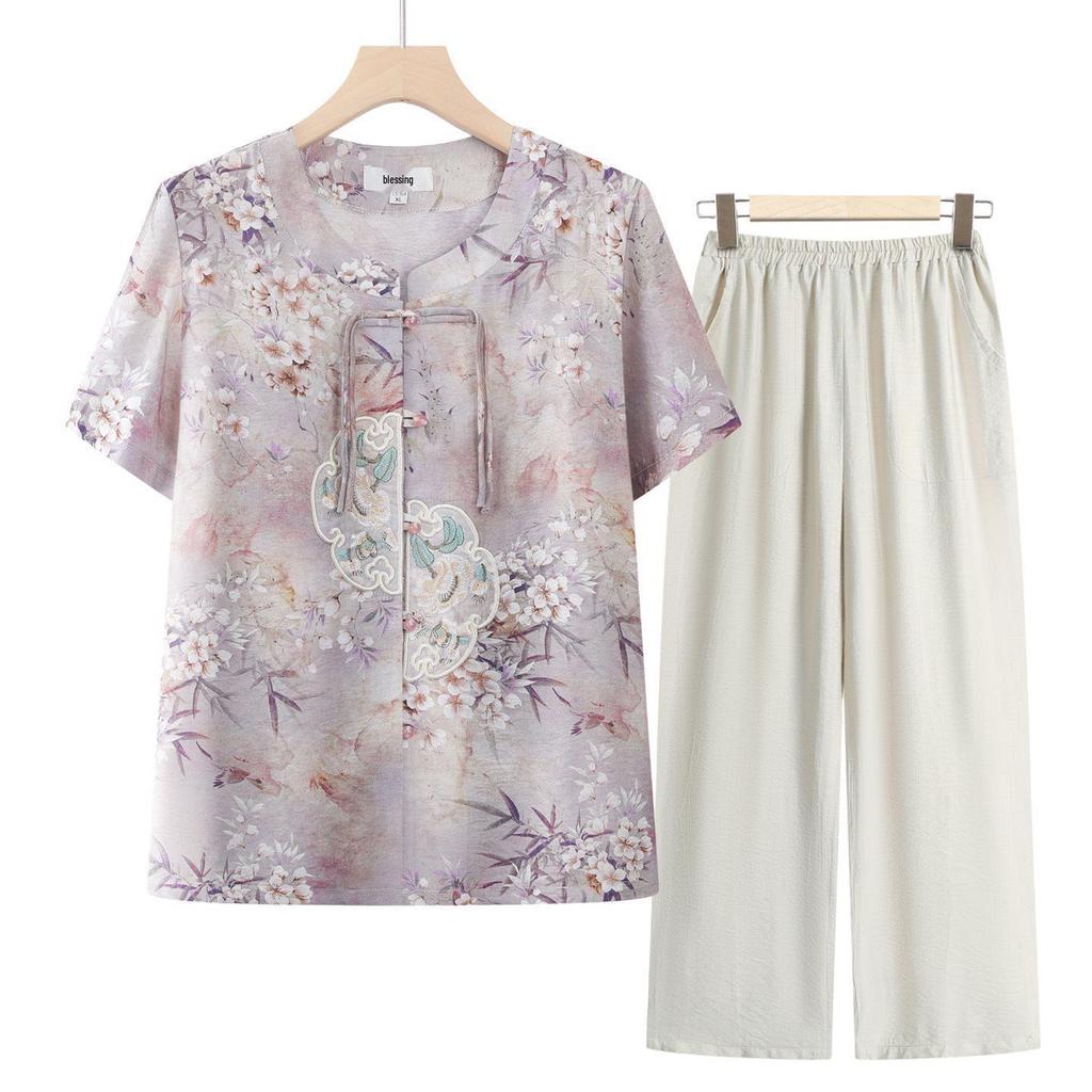 Chinese Style Summer Suit: Short-Sleeved Shirt & Cardigan Set for Middle-Aged and Elderly Women