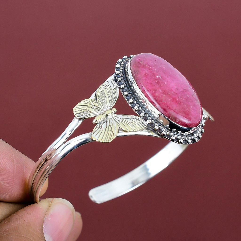 Rhodonite Cuff Bracelet 925 Sterling Silver Adjustable Bangle 18k Gold Plated Bangle Real Gemstone Handmade Jewelry Butterfly Cuff Bracelet