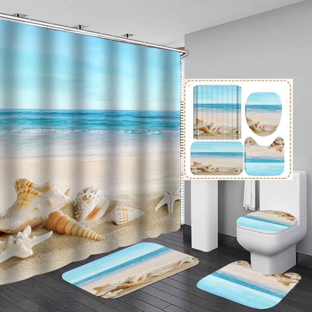 4ks Beach Starfish Series Sady sprchových závěsů do koupelny Protiskluzové Koupelnové koberečky Víko WC Kryt Koupelnová předložka