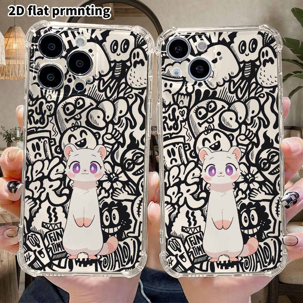 Phone Case: 2D Flat Suitable for iPhone 18 17 16 15 14 13 Pro, Transparent Four Corner Protective Case, White Ferret, Christmas and Halloween Gift