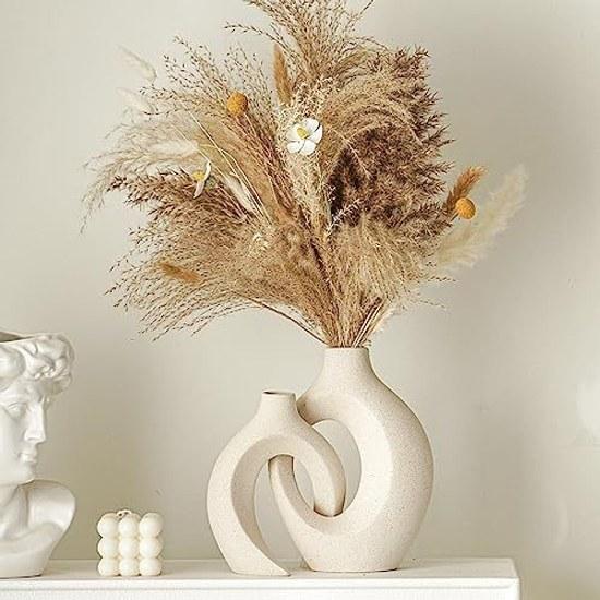 Levvohd Vase Stylish Interior Base Ceramic Hollow Dry Flower Single Stem 2-piece Set (beige Medium)