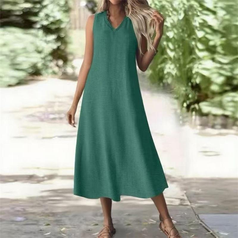 Abito Lungo da Donna Senza Maniche in Lino Scollo a V Ampio Casual Lungo