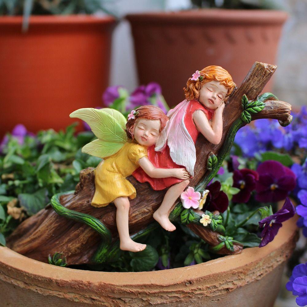 Realistic Garden Fairies Figurines Handmade Baby Fairy Lying on Tree Sculpture Outdoor Garden