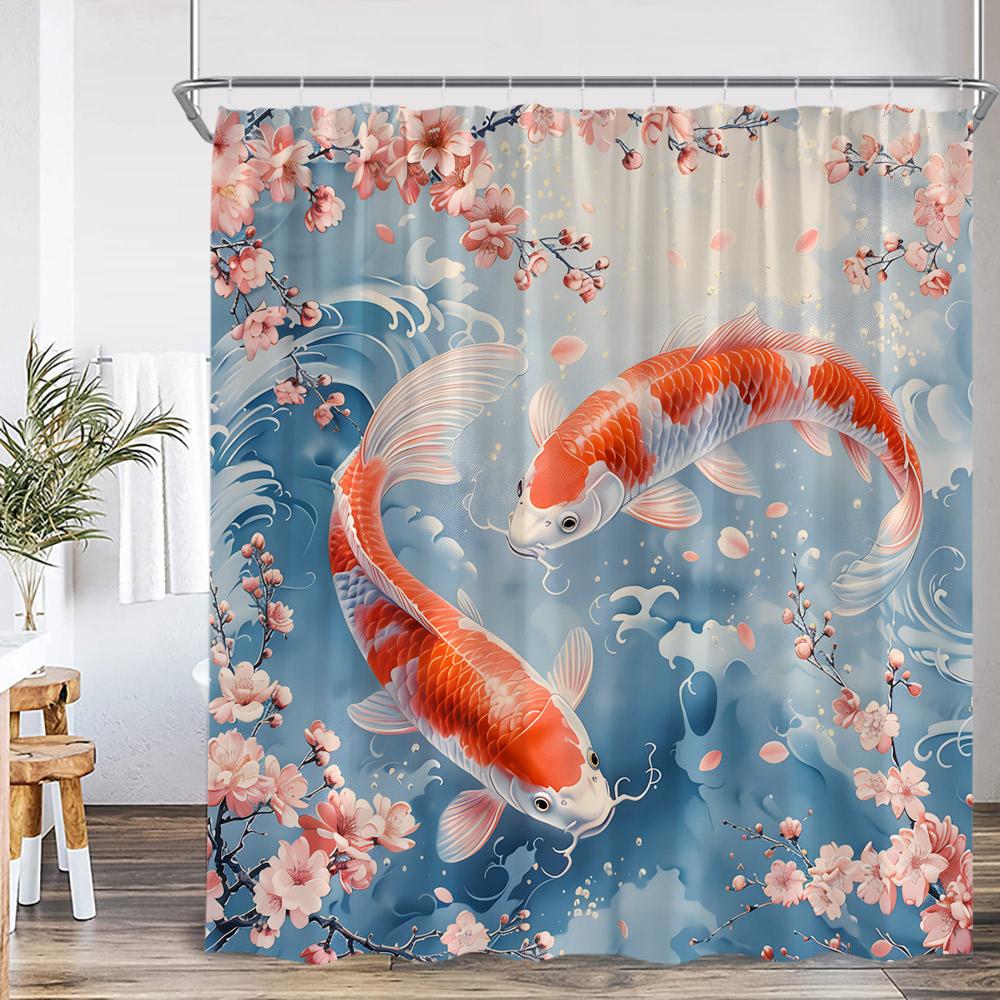 

Koi Japanese Shower Curtain Carp In Pond Pink Cherry Blossom Lotus Bathroom Decor Nature Polyester Bathtub Curtain With Hooks W60H190(CM)-1 Pcs