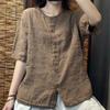 Damenhemd Frühling Sommer Baumwolle und Leinen Rundhals Retro Damenbluse Einfarbig Altersreduzierend Damen Strickjacke T-Shirt