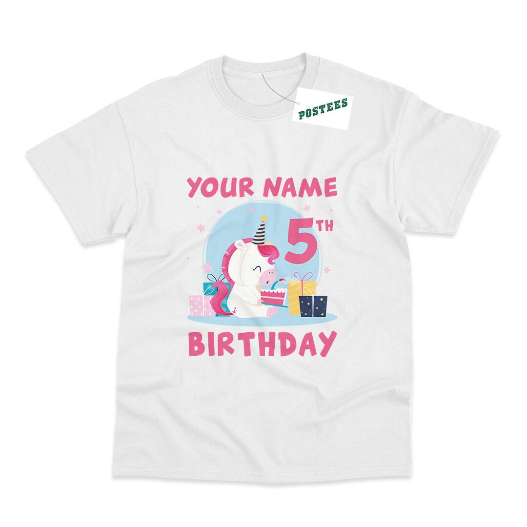 

26 Unicorn In A Party Hat with custom Age and Birthday Child s Name Printed T-Shirt Unisex T-Shirt M