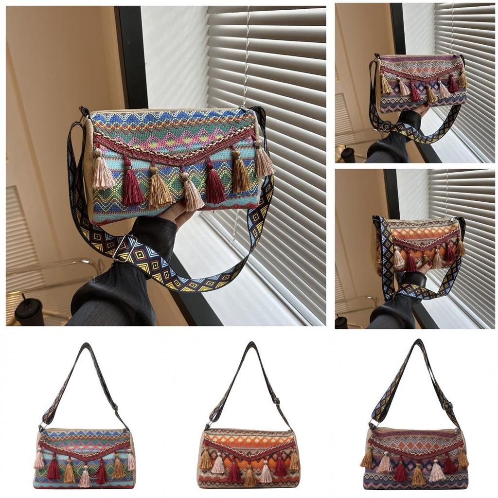 Ethnic Style Fringe Crossbody Bag With Wide Shoulder Strap For Daily Casual Use