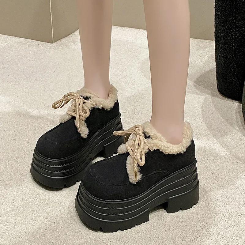 Fashion 10CM New Winter Women Warm Cotton Snow Shoes 2025 Fashion High Platform Sneakers Thick Heels Suede Leather Ladies Plush Pumps