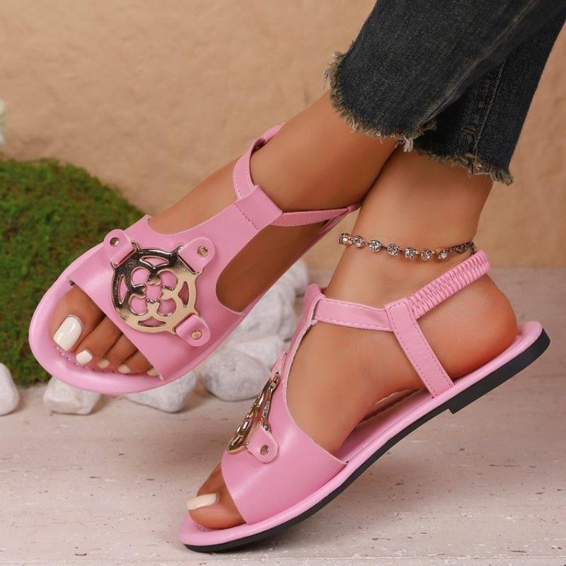 Single Metal Buckle Beach Sandals for Women, New Style, Flat Bottom, Large Size Shoes