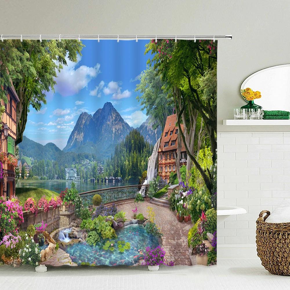 Flowers Garden Landscape Shower Curtain European Retro Rural Scenery Wall Decor Hanging Curtain Waterproof Bathroom Curtains