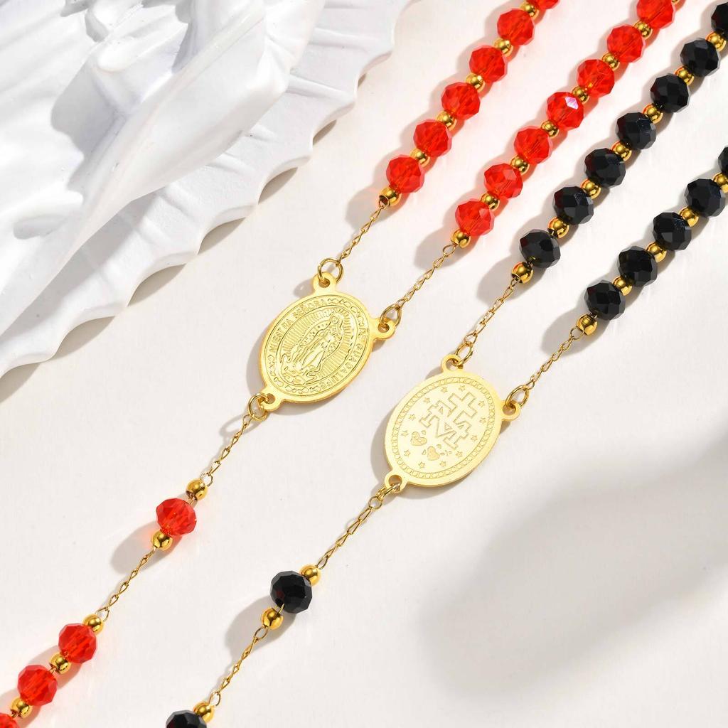 Stainless Steel Virgin Mary Rosary Cross Necklace for Women, Long Chain Necklace with Crystal Beads, Religious Catholic Gifts