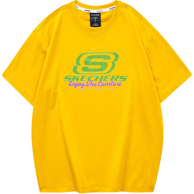 Skechers Colorful Casual Series Soft Comfortable Cotton Round Neck Short Sleeve T-Shirt Unisex tops Gold FHL223U045-0065 L