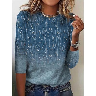 Tricou de damă Elegant Fashion Basic Imprimeu floral Mânecă lungă Topuri obișnuite Gât rotund Vacanță Weekend Albastru Fucsia Gri Albastru deschis Toamnă & Iarnă