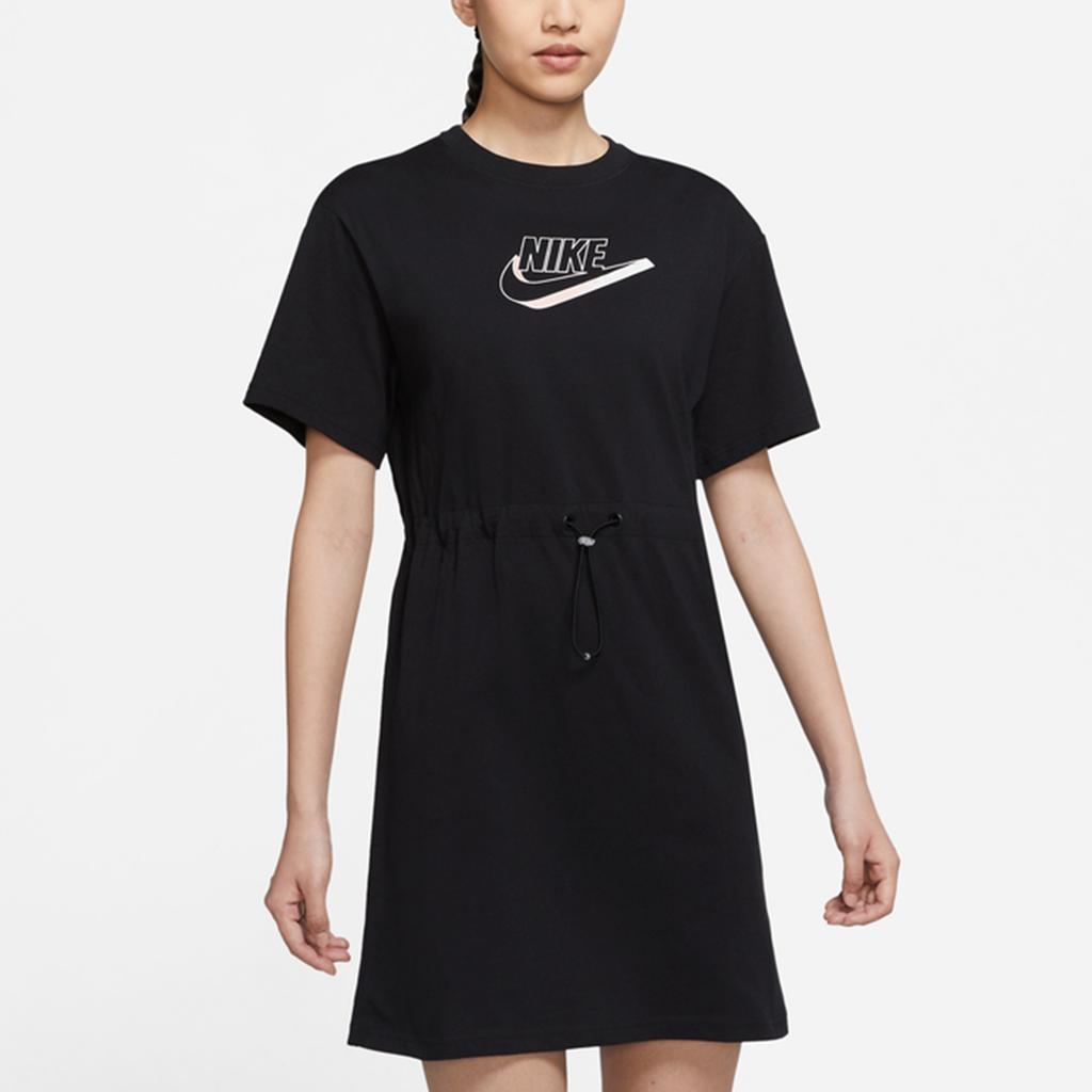 Nike Sportswear GX Casual Breathable Letter Print Round Neck Short Sleeve Dress Women Dress Black DD5783-010
