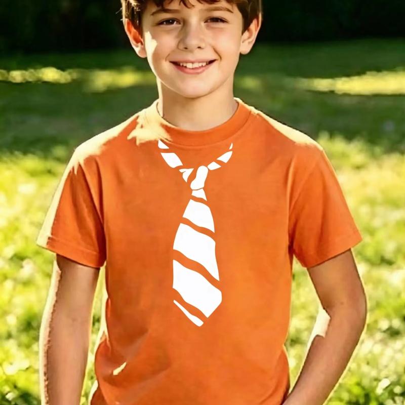 Stylish Boys Tie Graphic Soft Light Fabric Crew Neck Short Sleeve Daily Casual Top Machine Washable Outdoor Street Wear