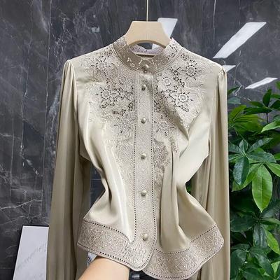 Camicetta Donna Ricamo Collo Alto Manica Lunga Seta Pesante Imitazione Gelso Camicia Donna Autunno