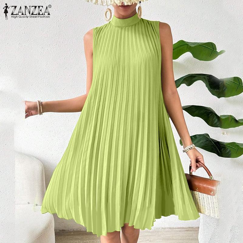 ZANZEA Women Summer Stand Neck Casual Sleeveless Short Dress