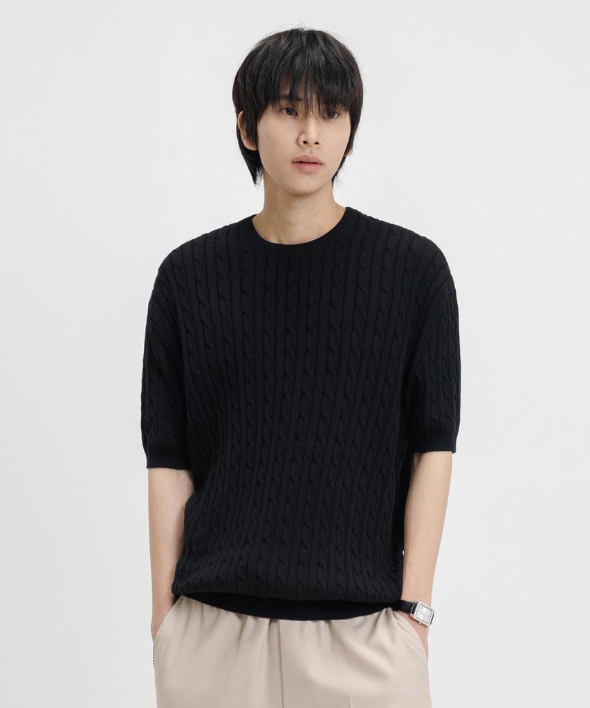 LEMAIN SECOND Oversized Washable Crew Neck Cable Short Sleeve Knit [Black]