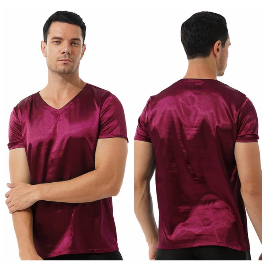 Mens Short Sleeve Loose Sleepwear Satin Pajama T-Shirt Solid Color Loungewear