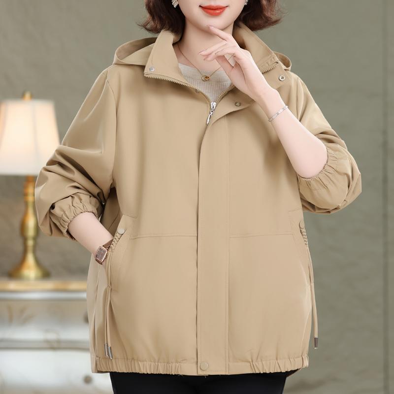 Women's Plus Size Solid Color Hooded Jacket – Drawstring Pocket Windproof Coat (Sizes 3XL-7XL) for Middle-Aged Women