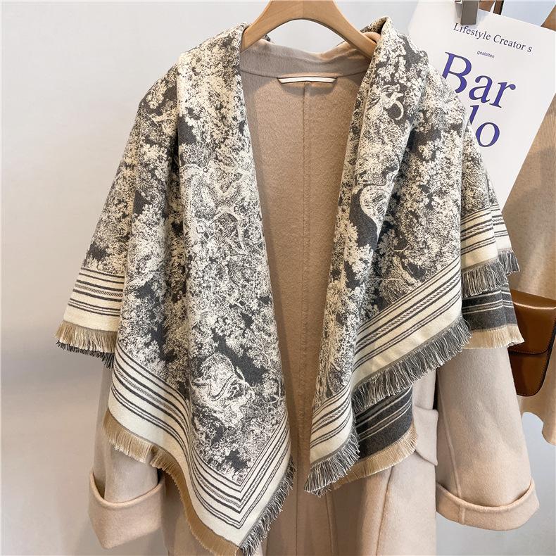 122*128cm Oversized  Imitation Cashmere Wrap with Tassels, Floral Travel Blanket Cape Pashmina Shawl for Women, Versatile scarf