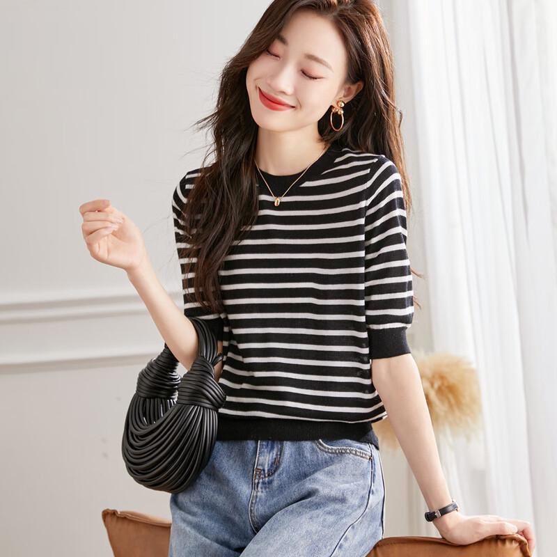 

Srcr Women s Striped Round Neck Knit Top M
