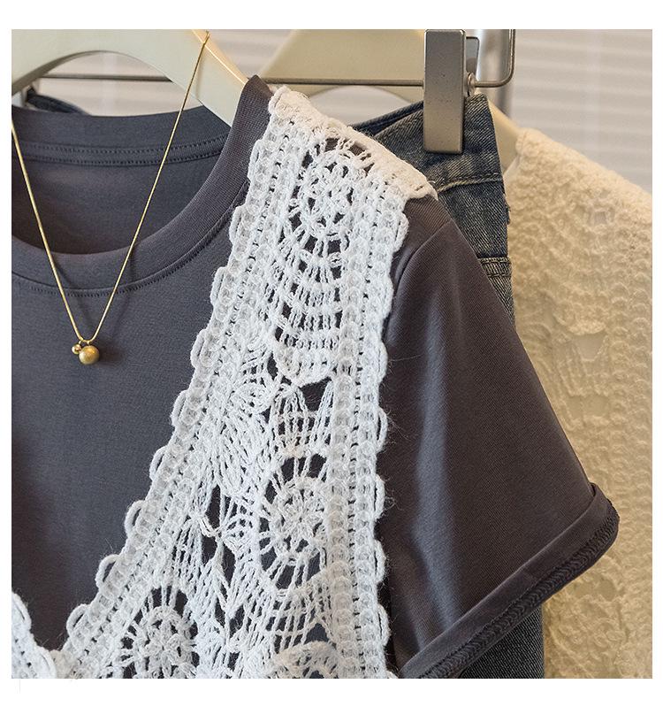 Elegant Plus Size Women's Floral Crochet T-Shirt and Vest Set - Korean Design