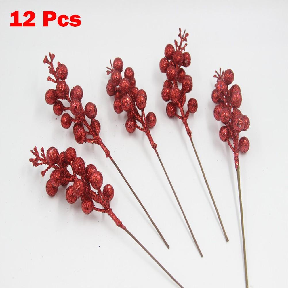 12pcs Artificial Christmas Glitter Berries Stems Xmas Tree Wreath DIY Decor