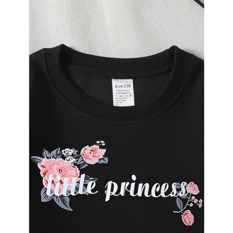 Floral Little Princess Design Girls' Crew Neck Fashion Sweatshirt, Autumn and Winter Western Style Top, Children's Long Sleeved T-shirt,