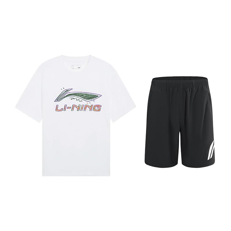 Li-Ning Letter Logo Print Round Neck Short Sleeve T-Shirt And Mid Waist Shorts Casual Sports Set Unisex sets AHSUB03-2+YKSV197-2