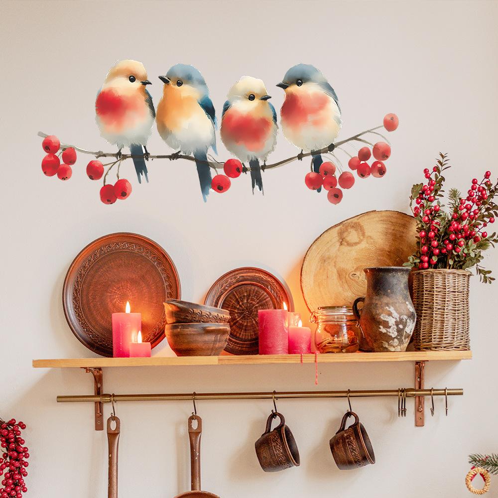 Sticker Mural Oiseaux à l'Aquarelle Peints à la Main et Baies Rouges sur une Branche Décor Bucolique Autocollant Amovible pour la Maison Salon
