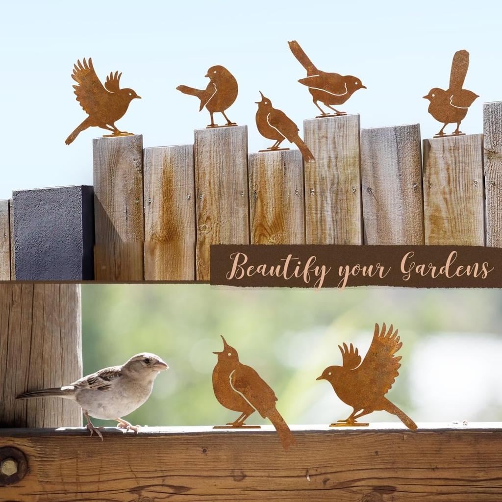 5PCS Rusty Birds Decoration, Wall Fence Hummingbirds Craft Statue Ornaments,Garden Sculptures and Yard Art,Rustic Garden Farmhouse Decor,