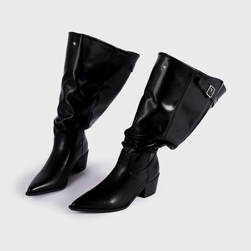 Fashion Personalized Design Back Zipper Pointed Low Heel Lazy Pleated Boots European American Retro Western Cowboy Thick Heeled Boots