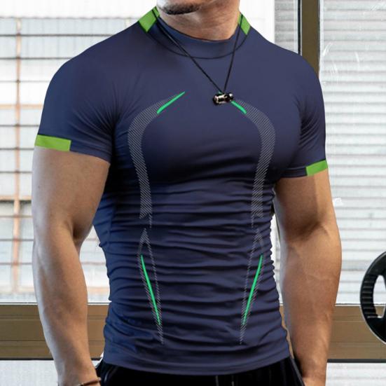 Camiseta Masculina Manga Curta Gola Meia Alta Estampada Costura Verão Corrida Compressão Streetwear
