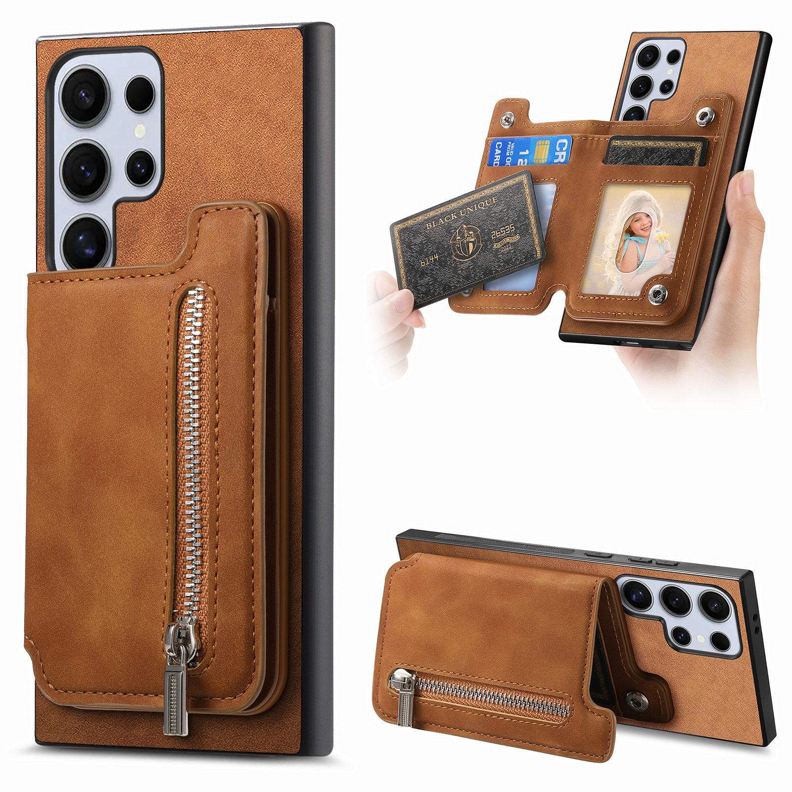 

For Samsung Galaxy S25 Ultra Case Magnetic Detachable Zipper Card Holder Leather Phone Back Cover Brown